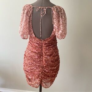 Free people ruched short sleeved mini dress with keyhole and open back